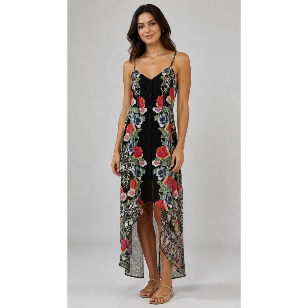 Guess Floral Paisley High Low Button Down Maxi Dress Womens Small Black NWT